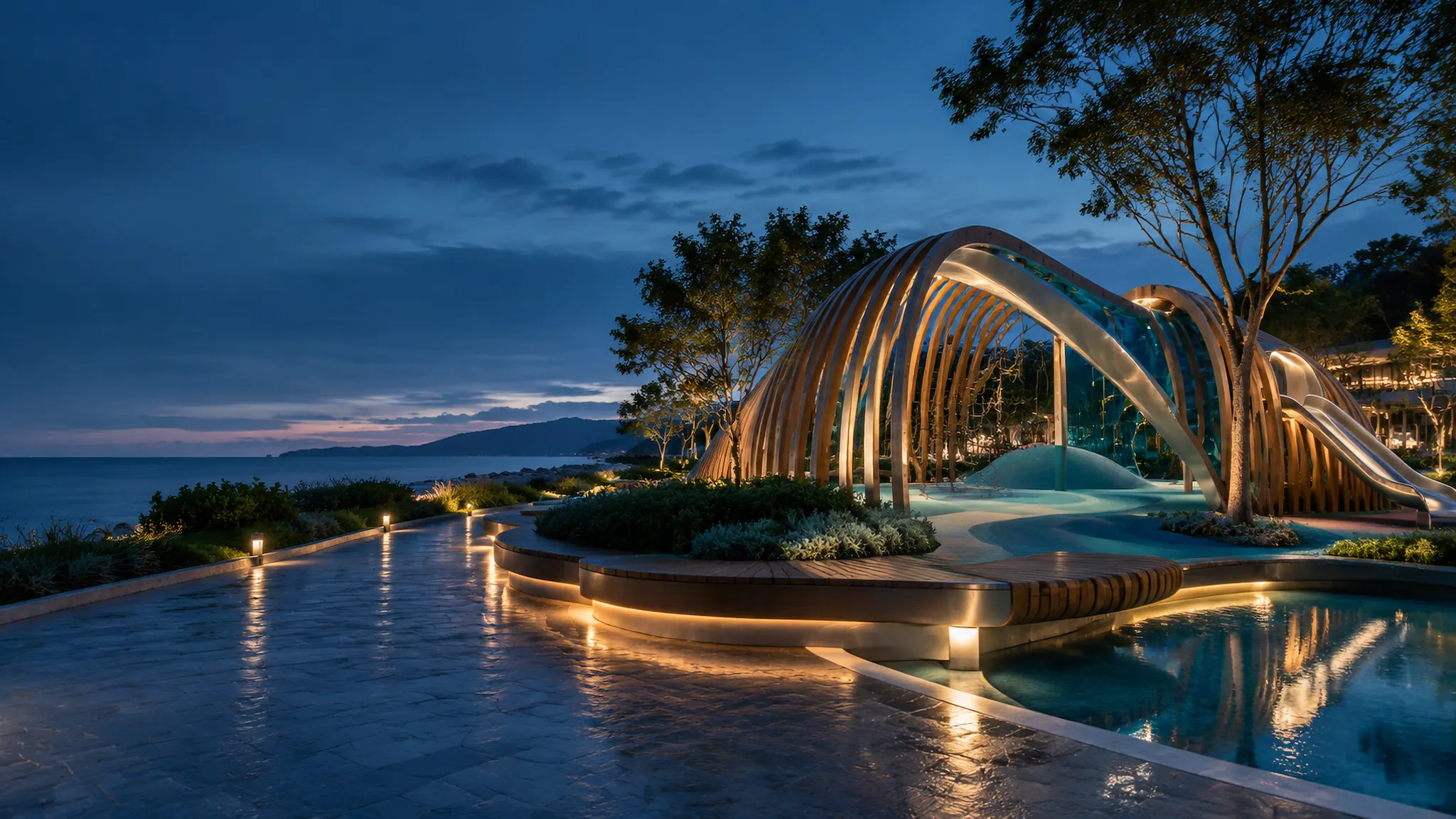 Concept visualisation of a resort arrival promenade at dusk: a curved timber-slat play-and-rest structure with translucent teal panels, integrated curved seating, low planting and a shallow water edge.