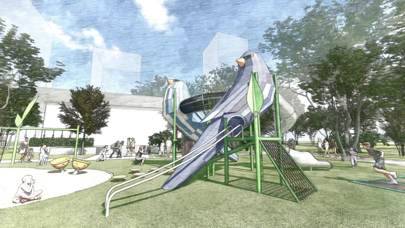 A hand-drawn presentation sketch of a play structure with slides and climbing frames, drawn with people for scale.