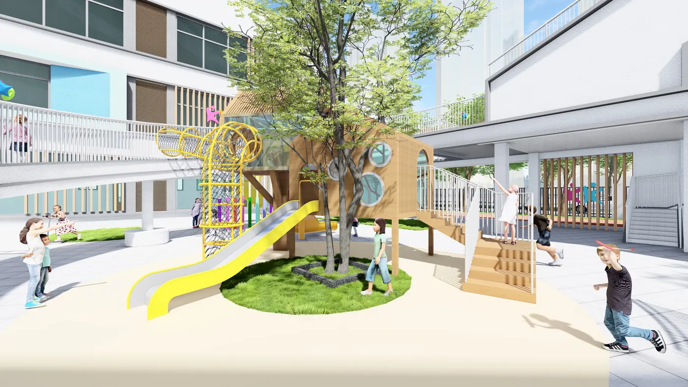 A rooftop play environment in a kindergarten courtyard: a slide, a timber play structure and a yellow climbing mound.