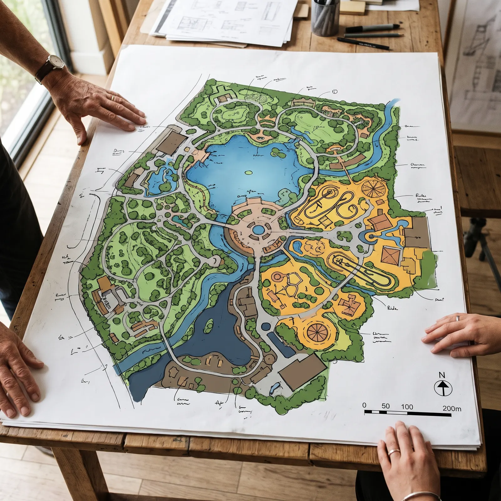 A printed concept masterplan for a themed park laid flat on a table: coloured zones for play, water, planting and paths, with a scale bar and a north arrow.