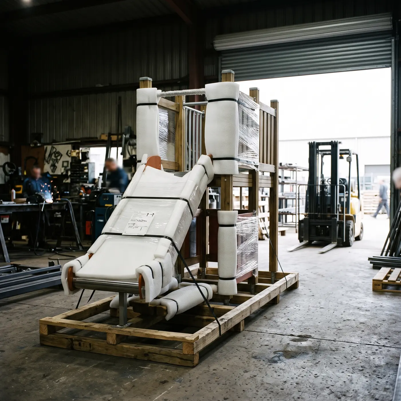 A finished play structure wrapped in protective foam and strapped to timber stillages, ready to leave the workshop.